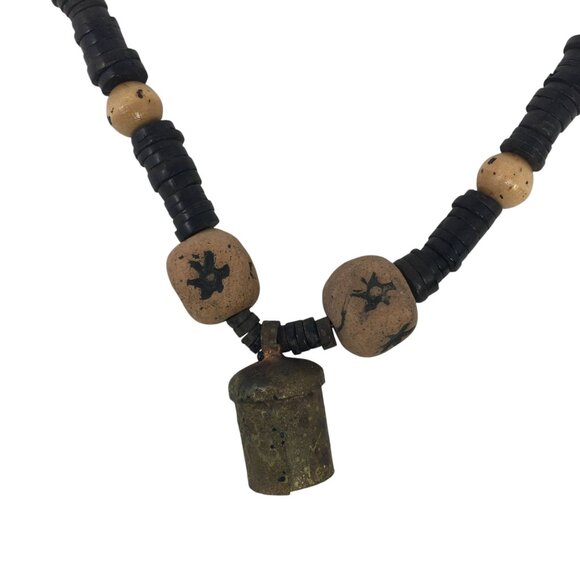 Vintage Dark Light Brown Wood Beaded Necklace Mini Metal Cowbell Bohemian - Picture 3 of 5